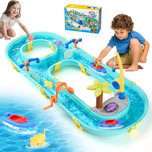 LTFIOON Wasserspielzeug mit Wasserbahn, 58 Teile Wasserbahn Kinder Draußen - Wassertisch Kinder mit Booten, Angel & Tierfiguren für Wasserspaß ab 3 Jahren, Sommer Spielzeug für Garten und Strand