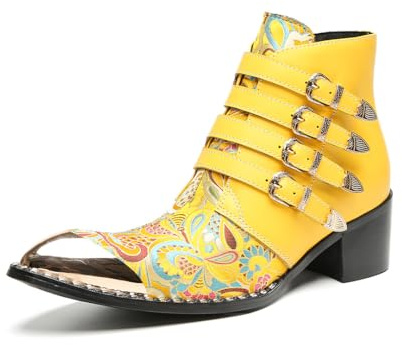 Yhsdfcn Stivaletti da Uomo Gialli con Tacco Largo e Punta in Metallo, Stivali Eleganti con Ricamo e Fibbia Decorativa, Tronchetti da Party e Palcoscenico, Scarpe di Lusso Originali,Giallo,37 EU