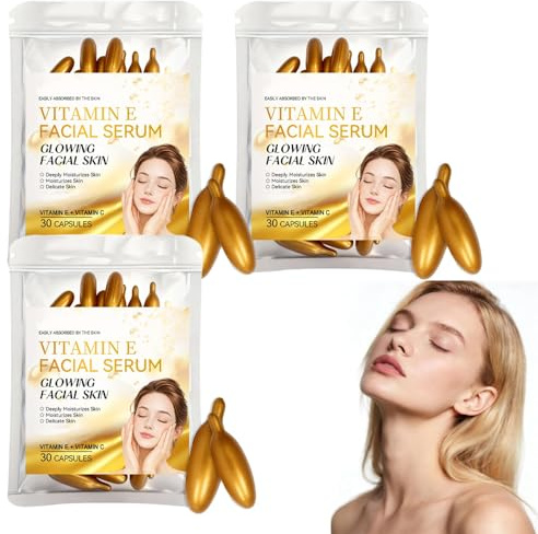 Vitamin E-kapslar serum, vitamin C-serum för ansiktet, anti-åldrande fuktkapslar, fuktgivande, ljusare hud, slätande, reducerar fina linjer, hudvård för kvinnor (3 st)