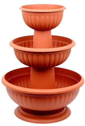 pokm toolsmarket 3-stufiger Pflanzturm Farbe: Terrakotta 58cm Blumentopf Grace aus Kunststoff, Pflanzkübel & Pflanzsäule für Balkon, Terrasse & Garten UV-beständig, EU-Qualität