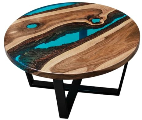 Genérico Mesa de Centro Redonda, Nogal Macizo con Resina Epoxi Azul, Patas de Metal Negro, Diseño Moderno de Lujo, Artesanal (Azul, 60 cm)