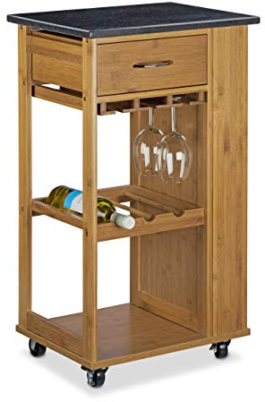 Relaxdays Küchenwagen Bambus ALFRED L mit schwarzer Marmorplatte HBT: 81,5 x 47,5 x 37,5 cm Küchenrollwagen mit Gläserhalter als Servierwagen mit Weinflaschenhalter Rollwagen und Küchentrolley, natur