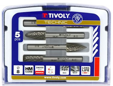TIVOLY - Set aus 5 Frässtiften Ø8 mm für Metalle - Zylindrischer Schaft Ø6 mm - Hartmetallkopf - Spanbrechende Zahnung