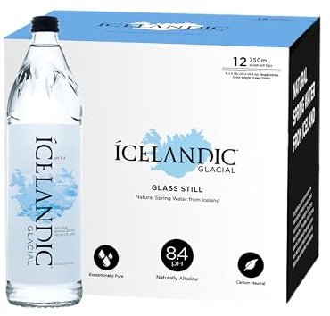 Icelandic Glacial Premium Still Water 12 x 750ml Glass Bottles – Alkaline/Low PH, Recycled Packaging, BPA Free, Carbon Neutral from Icelandic Spring. Low TDS and Mineral Content.