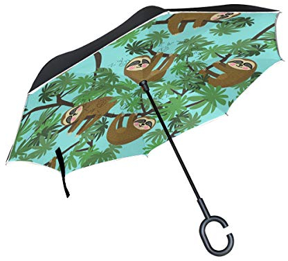 isaoa Gro?e Schirm Regenschirm Winddicht Doppelschichtige seitenverkehrt Faltbarer Regenschirm,C-f?rmigem Henkel Regenschirm Faultier und gr¨¹NEN Bl?ttern Regenschirm f¨¹r M?nner und Halskette