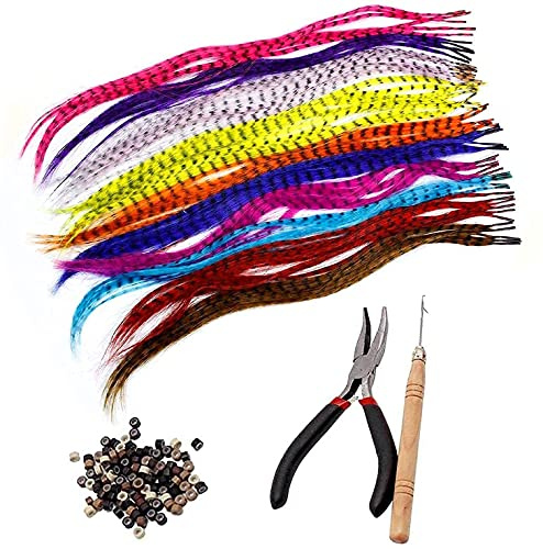 Lvcky Kunsthaarverlängerungs-Set mit 52 synthetischen Haarverlängerungen in verschiedenen Farben, 100 Perlen, Zange und Haken (kräftige und hübsch gemischte Farben)
