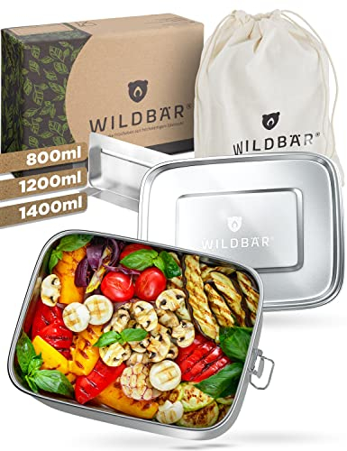 WILDBÄR – Premium Edelstahl Brotdose. BPA& plastikfreie Lunchbox mit flexibler Abtrennung ist auslaufsicher – Ideal für Schule & Büro – 1200ml Brotbox