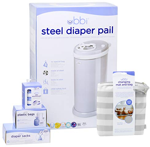 Ubbi Diaper Changing Value Set, Odor Locking Modern Design Baby Accessory Must Have Set Includes Grey Diaper Pail, Diaper Sacks, Odor Absorbing Gel, Travel Chaning Mat and Diaper Pail Waste Bags