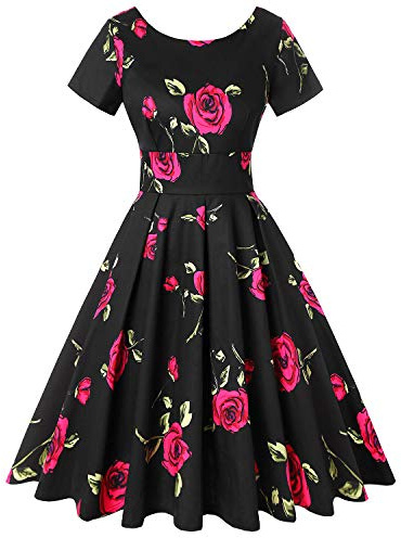 MINTLIMIT Elegant Womens New 50s Summer Dress Rockabilly Rose Short Sleeve Vintage Dress Retro Cocktail Dress Floral Rose Black and Red,Size L