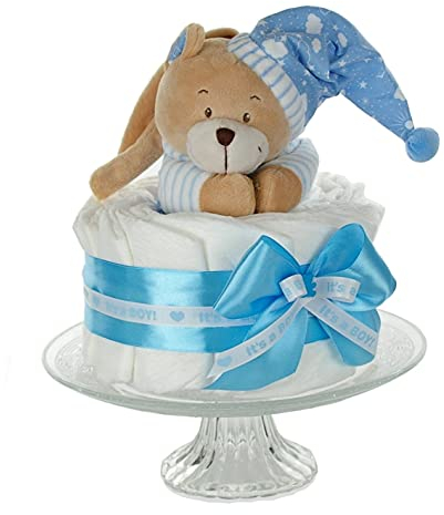 Windeltorte Jungen in babyblau BOY | Spieluhr Bär | Geschenk zur Geburt, Babyparty & Taufe