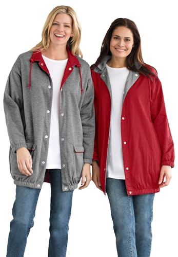 Woman Within Plus Size Fleece Nylon Reversible Jacket - 2X, Classic Red Medium Heather Grey