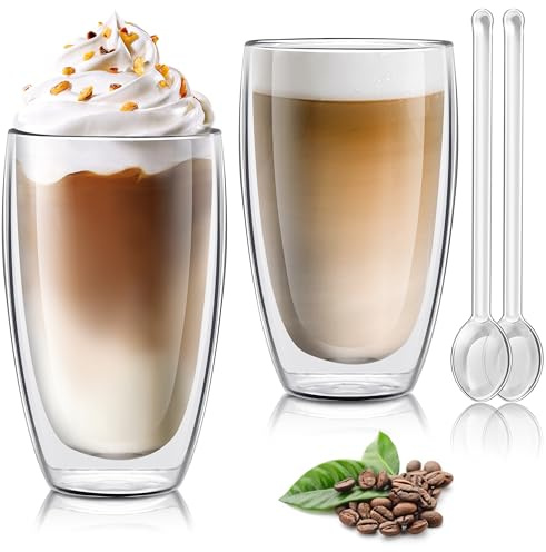 Joeyan 13.5oz Large Double Wall Glass Coffee Mugs with Spoon Set of 2- Insulated Thermal Latte Glasses for Hot or Cold Drinks- Clear Glass Coffee Cup for Espresso Ice Tea Cappuccino Macchiato Juice