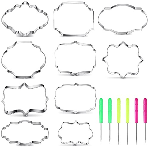 10 Pieces Plaque Frame Cookie Cutter Stainless Steel Biscuit Cutter Fondant Cake Decorating Tools and 6 Pieces Sugar Stirring Pins for Kitchen Baking
