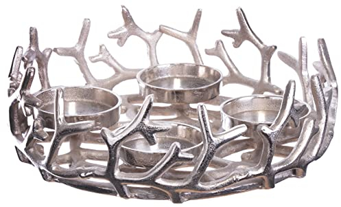 Brandsseller Adventskranz Silber Ø 28 cm – Stilvoller Kerzenhalter für 4 Kerzen - Moderner Weihnachtskranz aus Aluminium mit stilisierten Ästen, Elegante Tischdeko