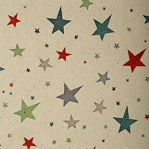 FSC große Rolle Geschenkpapier aus Graspapier Bunte Sterne 75 cm x 200 m | 80 g/m² Weihnachtspapier | HUTNER