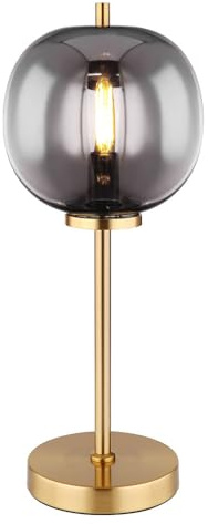 GLOBO Ausgefallene Tischlampe BLACKY mit Rauchglas Lampenschirm Ø 18,5cm, Metall Messing, Grau