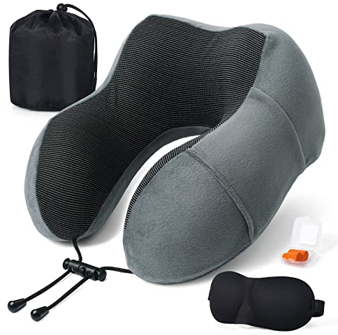 Almohada de Viaje para Cuello, Almohada Cervical para Oficina Avión Tren Coche Viajando, Almohada Cuello Viscoelastica de Espuma Memoria, Cojin de Viaje Cuello con Máscara de Ojos, Tapones y Bolsa