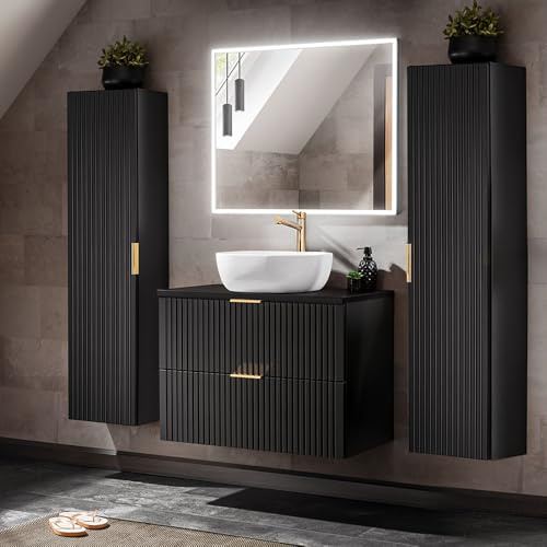 Lomadox Set di mobili da bagno con lavabo da 80 cm, specchio e 2 armadi alti, nero opaco, scanalato, larghezza x altezza x profondità: ca. 180 x 46,5 cm