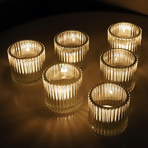 6 Pcs Clear Tea Light Candle Holders Bulks, Glass Tealight Holders Vintage | Vohocandle Clear Large Tea Light Holders Glass for Table Decorations, Wedding Party, Living Room (7cm W x 6.5cm H)