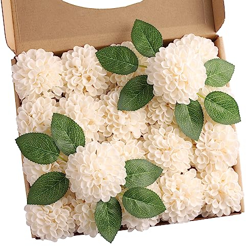 N&T NIETING künstliche Blumen 20 Stück Dahlien-Blumen mit Blättern und Stielen, DIY Creme Dahlie Schaum Blume für Hochzeit Blumensträuße Blumen Centerpieces Arrangements Partytische Home Deko