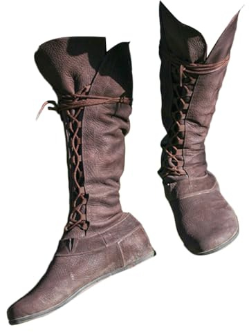 ORANDESIGNE Stivaletti da Uomo Medievali Stivali in Pelle PU Vintage Scarpe Piatte Corte Rinascimento Cavaliere Vichingo Prince Scarpe Cosplay Accessori per Costumi Pirata H Marrone 45 EU