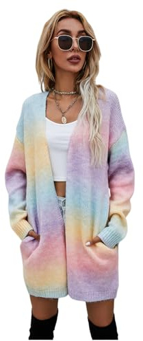 HEYPORK Damen Herbst Winter Warm Bequem Jacke Casual Mode übergangsjacke Mantel Frauen Pullover Regenbogen Mittlere Länge Strickjacke Tasche Gestrickt Jacke