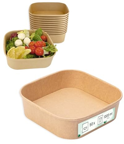 ECOPICNIC 50 Stück Salatschalen 1000ml | to go Schalen Quadratische Suppenschalen Biologisch Bowl | Beerenschale Kraftkarton Verpackung mit PE Innenbeschichtung | Salatbowl gefäß Deli Container