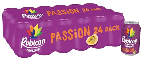 Rubicon 24 Pack Sparkling Passion Flavoured Fizzy Drink with Real Fruit Juice, Handpicked Fruits for a Temptingly Intense Taste Made of Different Stuff - 24 x 330ml Cans