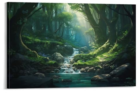 Grüner Wald bedruckte Leinwand Poster Tropischer Bach Natur Baum Landschaft Wanddekoration für Wohnzimmer Schlafzimmer Wandkunst Kunstwerk