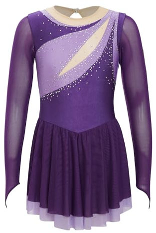 Mufeng Kinder Mädchen Eiskustlauf Kleid Langarm Rollschuhlaufkleid Mit Strass Ballettkleid Tanzbody Bühnenauftritt Lyrisch Tanzkleidung Lila 110-116
