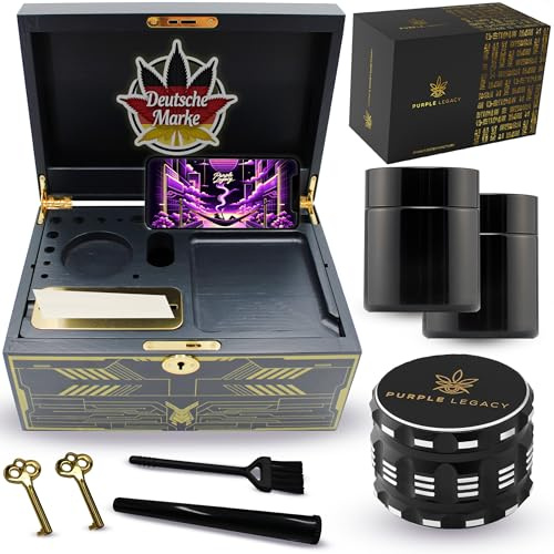 PURPLE LEGACY® Sphinx's Secret Sanctuary | Gigantische Box Abschließbare Box Holz-Kiste | 2x Gläser, Kräutermühle, Herausnehmbares Tablet, Smartphone Halterung, viel Stauraum | Cyberpunk Version