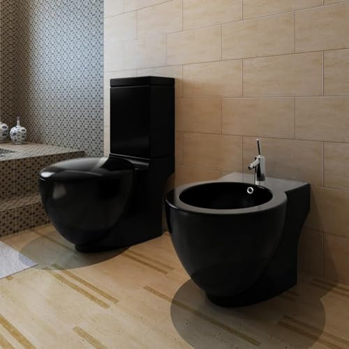 ARKEM Sanitari Filomuro Vaso WC E Bidet in Ceramica Filo Muro Filo Parete Design Moderno con Copriwater Chiusura Soft Close Chiusura Rallentata,Set di Bidet e Toilette da Pavimento in Ceramica Nera