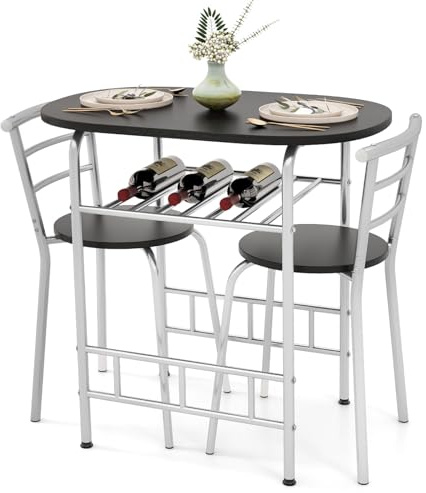 GIANTEX Juego de Comedor de 3 Piezas, 1 Mesa Ovalada Pequeña y 2 Sillas con Respaldo, con Botellero, Tablero de Mesa con Ventas de Madera, Marco de Metal, Ahorro Espacio (Negro+Plata)