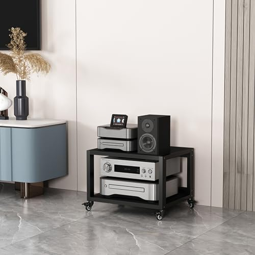 YVYKFZD Beweglicher Audio Rack HiFi Regal, offener HiFi Rack Komponentenschrank, tragbarer Phonoschrank, Record Player Stand aus Holz, Multifunktions-Medienspeicherschrank(Size:Black 2 Tier-21.6X19.6