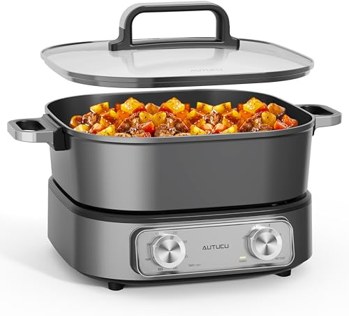 6-Quart Electric Skillet, Hot Pot | Non-Stick PFOA-Free Ceramic-Coated Pot, 1600W, Timer & 3 Power Settings for Steak, Egg, Ramen, Nonstick Pot