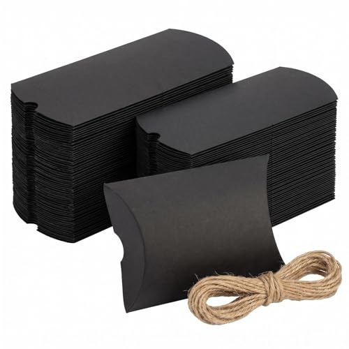 50 Stück schwarze Kraft-Kissenschachteln, kleine Geschenkboxen, Mini-Partygeschenkboxen mit Jute-Schnur, Hochzeitsgeschenk, für Geburtstag, Dankeschön, Halloween, Partyzubehör (schwarz)