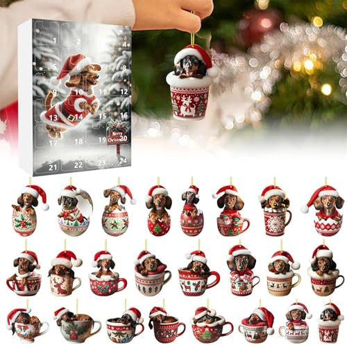 Weihnachtsbaum Dackel Anhänger, Adventskalender 2025, 24 Tage Weihnachts Countdown Kalender Für Christmas Tree Decoration Hanging Ornament 2D Acryl Dackel Hängeanhänger, Weihnachtsbaumschmuck