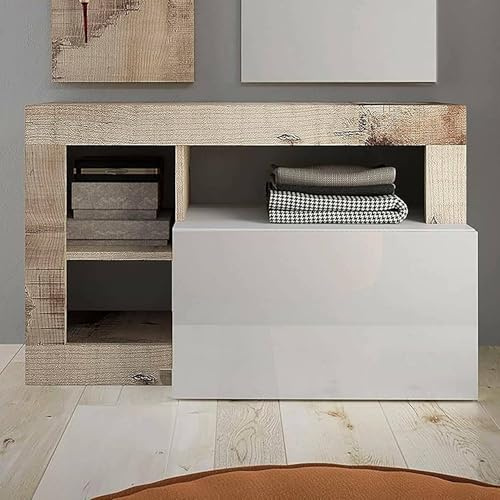 Dmora - Scarpiera Varano, Mobile portascarpe, Armadio da ingresso multiuso, Mobiletto per calzature, Made in Italy, 91x35 h58 cm, Bianco lucido e Acacia