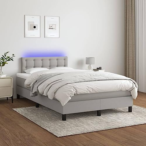 KOIECETA Boxspringbett mit Matratze LED Doppelbett Polsterbett Bett Bettrahmen Bettgestell Lattenrost Schlafzimmerbett Hotelbett Hellgrau 120x200 cm Stoff