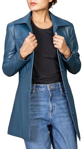 Jild Lässiger Automantel Lammfell-Lederjacke Damen - ¾ Länge Blazer Mantel Stil Leder Langmantel Damen, Blau, X-Large