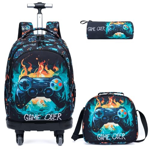 Egchescebo Rucksack mit Rollen Kinderkoffer Jungen Kinder Koffer 4 Schwenkbare Kindertrolley Trolley Groß Schultasche Handgepäck Kindergepäck 3pcs Geeignet Grundschüler Schultrolley Spiel Handle Blau