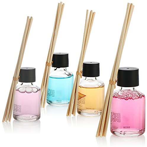 COM-FOUR® Ambientador 4x, encantadora fragancia para ambientes en cuatro fantásticos aromas, botella de aceite aromático con varillas de madera (4 piezas - 30 ml cada una - Mezcla)