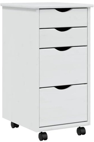 Rollschrank mit Schubladen, 4 Schubladen, massives Kiefernholz, weiß, 34 x 39 x 65,5 cm, mit Griffmulden und Rollen für Büro, Wohnzimmer, Schlafzimmer, Küche oder Werkstatt