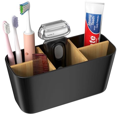 Noxtioanip Toothbrush Holder, Zahnbürstenhalter mit Bambus Trennwände, 5 Fächer Multifunktional Elektrische Zahnbürste Halterung, Bad Accessoires, für Büro, Wohnzimmer, Eitelkeit Countertop (Schwarz)