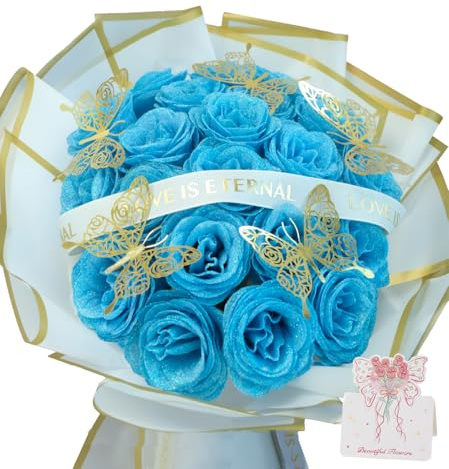 Greenke Glitzer-Rosenstrauß zum Selbermachen, Geschenk für Mutter, künstliche Rosenstrauß, DIY-Set, 24 Stück, hellblau, ewige Rosenblumen, Set für Geburtstag, Hochzeit, Dekoration, Valentinstag
