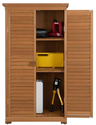 HOMASIS Gartenschrank aus Holz, Gerätehaus Wetterfest Outdoor, 87x47x160cm | Geräteschuppen mit 2 verstellbaren Regalen, Gartenhaus mit Asphaltdach, Holzschuppen Natur