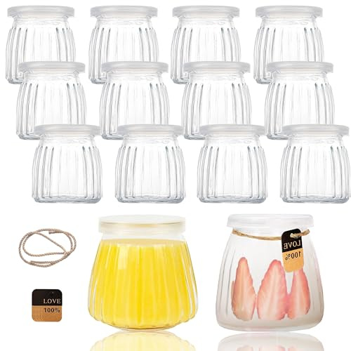Kiswleon 200 ml yoghurtburkar med lock, 12-pack dessertburkar glas, genomskinliga syltburkar små med etikett och sladd, konserveringsburkar små för juice, yoghurt, sylt, flingor, honung