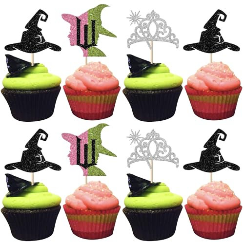 24 Pack Magic Witch Theme Cupcake Toppers Glitter Crown Black Witch Hat Cupcake Picks Pink Green Wizard Theme Cake Decorations for Witch Wizard Theme Baby Shower Birthday Party Cake Supplies
