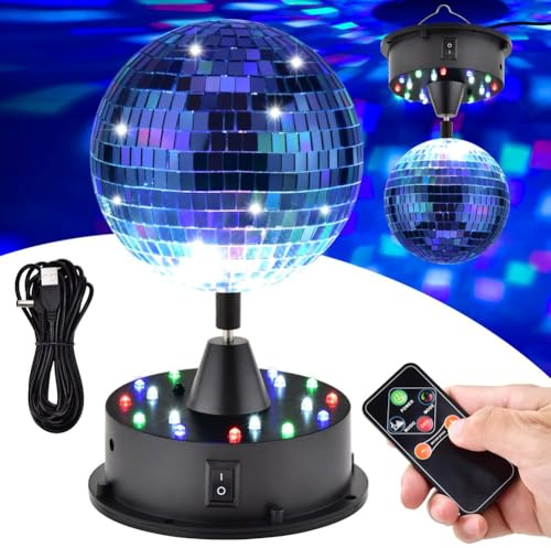 Ohulelks Bola de Discoteca Giratoria de 5 Pulgadas con Control Remoto, Bola de Discoteca Ajustable de 6 A 12 RPM, Luz de DJ de 18 LED, para Colgar y Usar en Mesas.