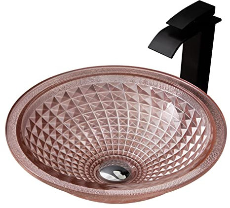 JIPOFAN Badezimmer-Waschbecken, Glas-Waschbecken, über der Theke, Badezimmer-Waschbecken, rundes Waschbecken, Badezimmer-Waschbecken mit Wasserfall-Wasserhahn, Abfluss-Kombination